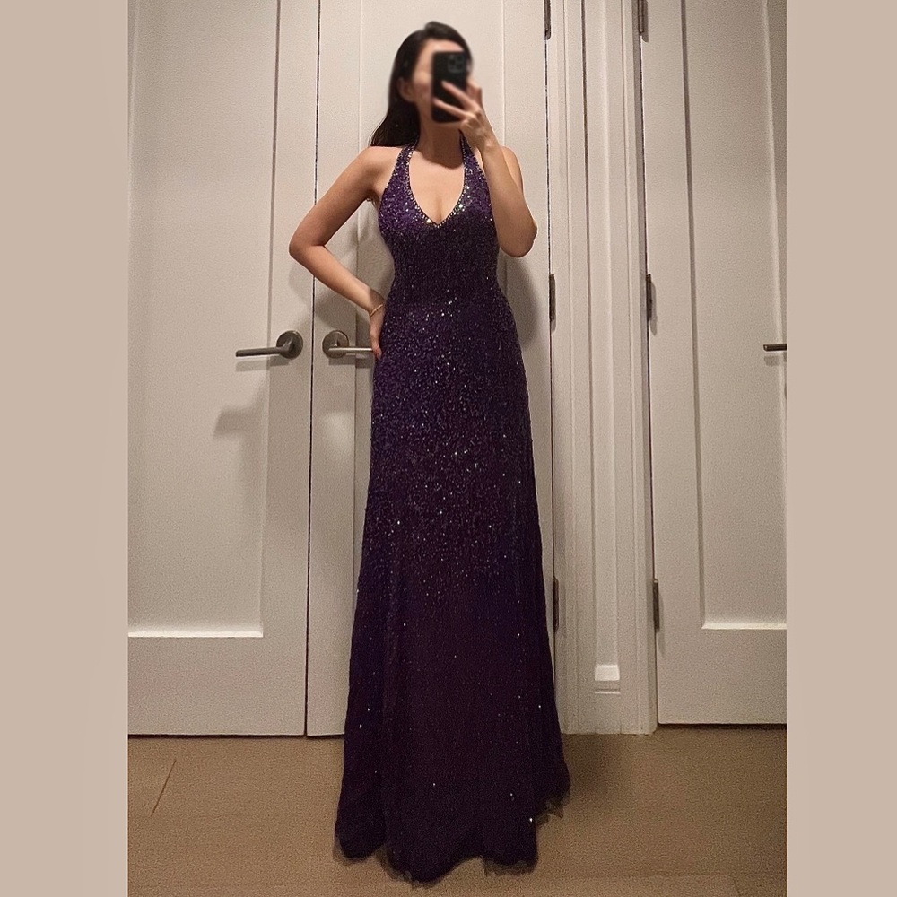 Purple Sequins Shiny V-Neck Evening Dress